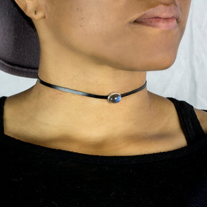 Labradorite Flat Leather Choker Necklace on model