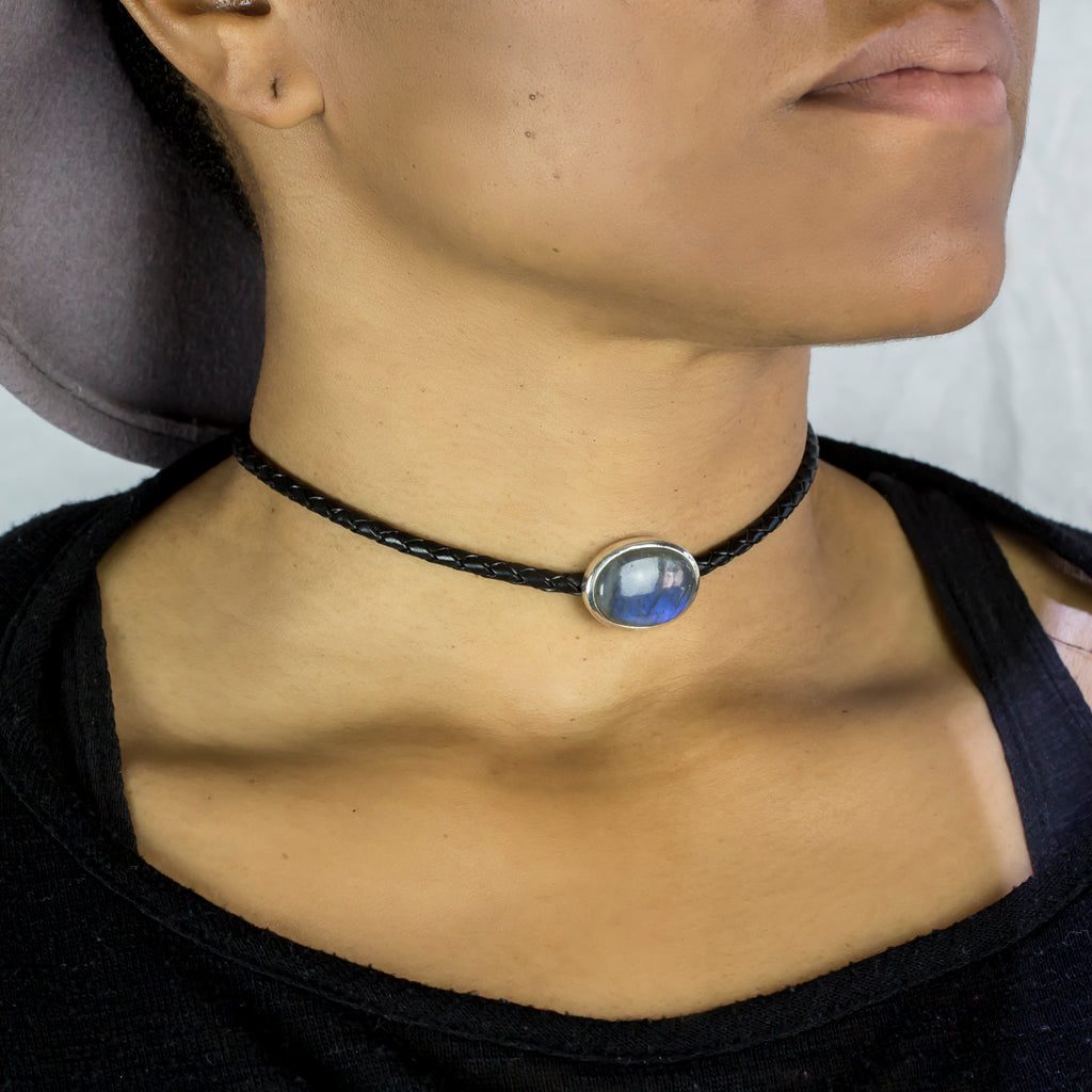 Labradorite Braided Leather Choker Necklace on model