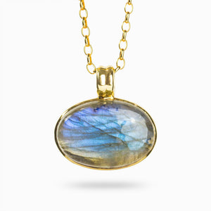 Horizontal Gemstone yellow and blue hues with grey colored cuts set in Vermeil Gold Labradorite Necklace