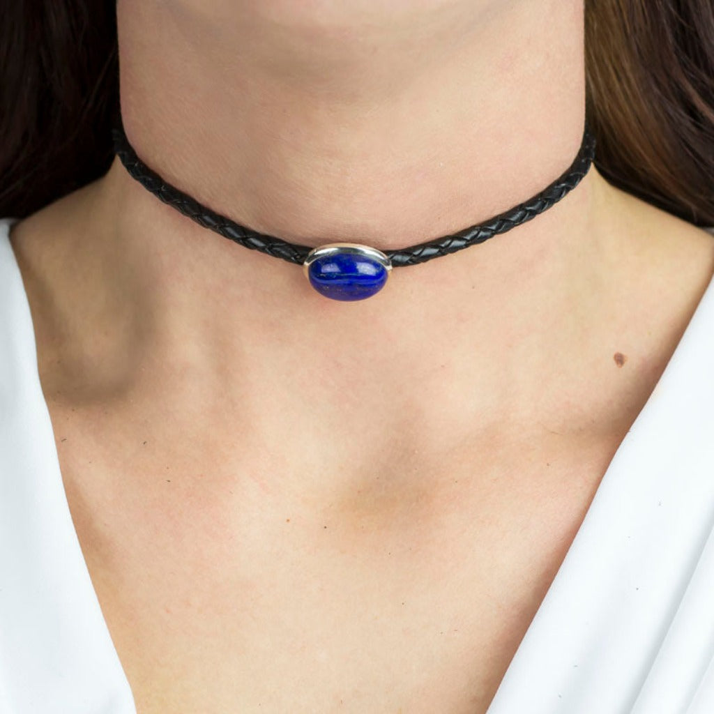 Lapis Lazuli Braided Leather Choker Necklace on Model