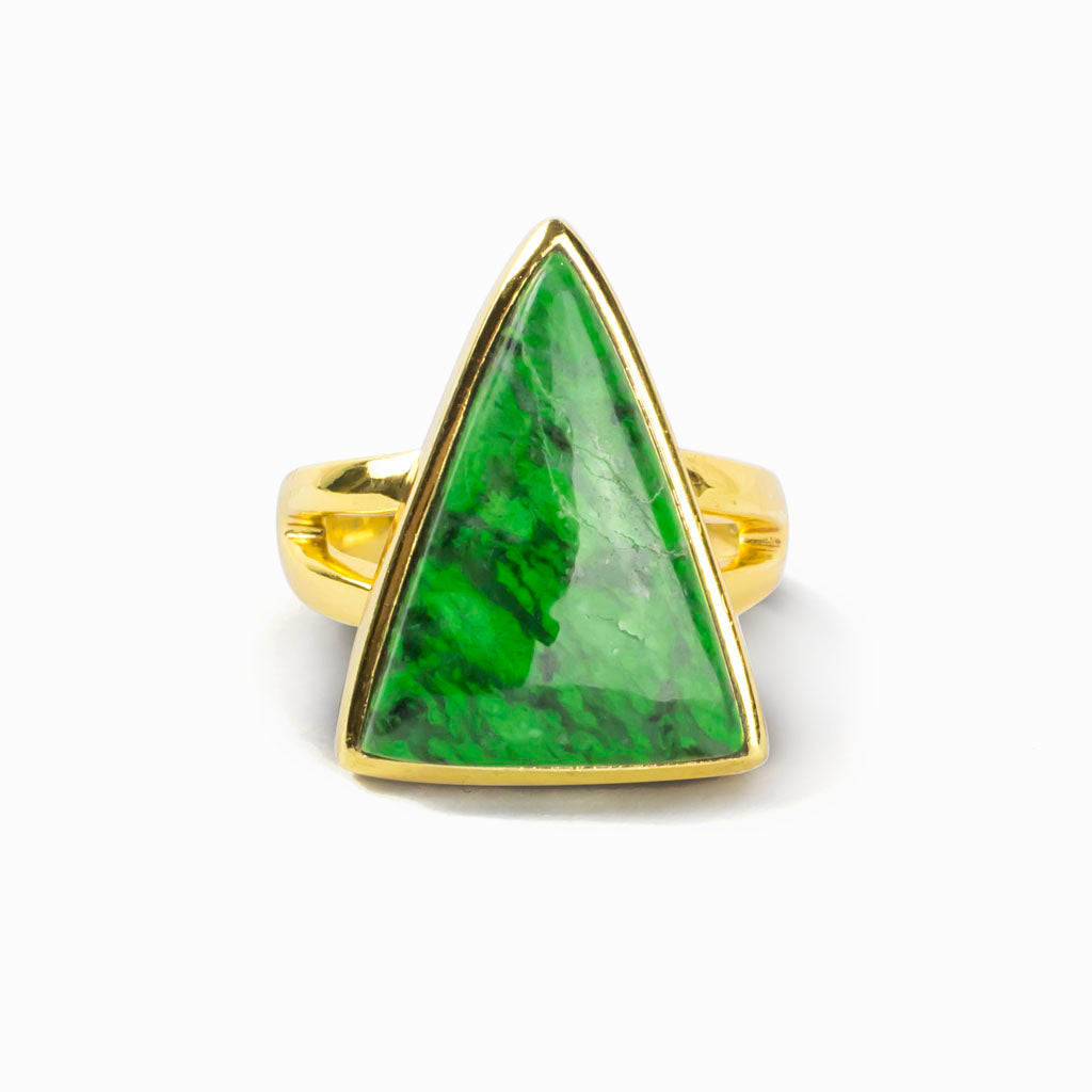 Bright green with dark green veins triangle Maw Sit Sit Jade Ring set in Gold Made in Earth