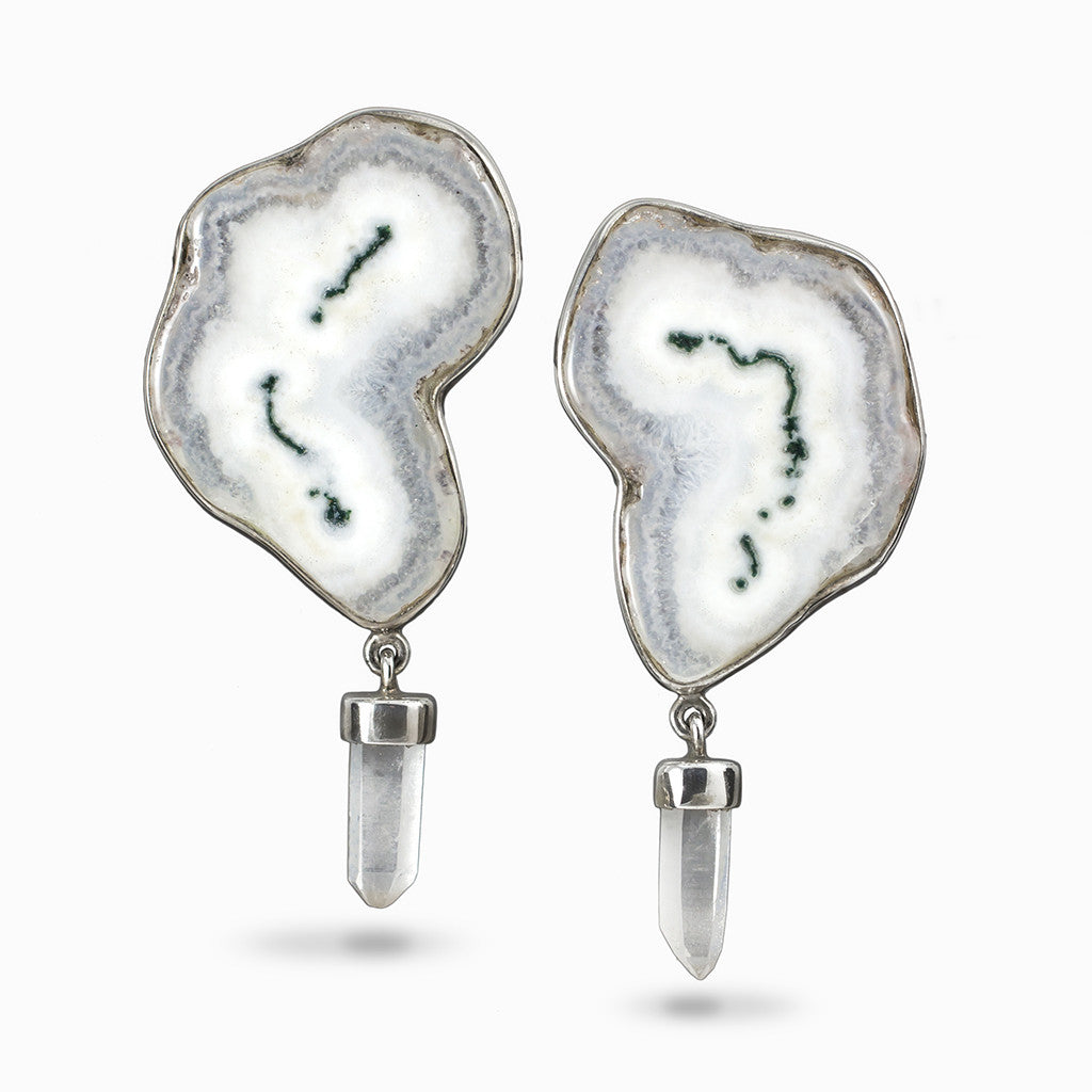 Moss Agate and Laser Quartz Drop Earrings Made In Earth
