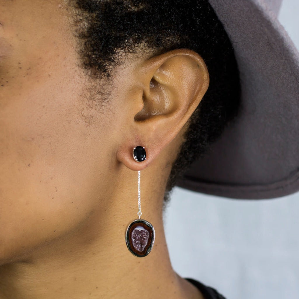 Onyx & Agate Geode Stud Drop Earrings on Model