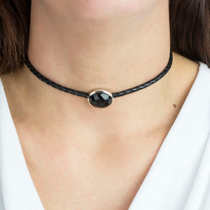 Onyx Braided Leather Choker Necklace on Model