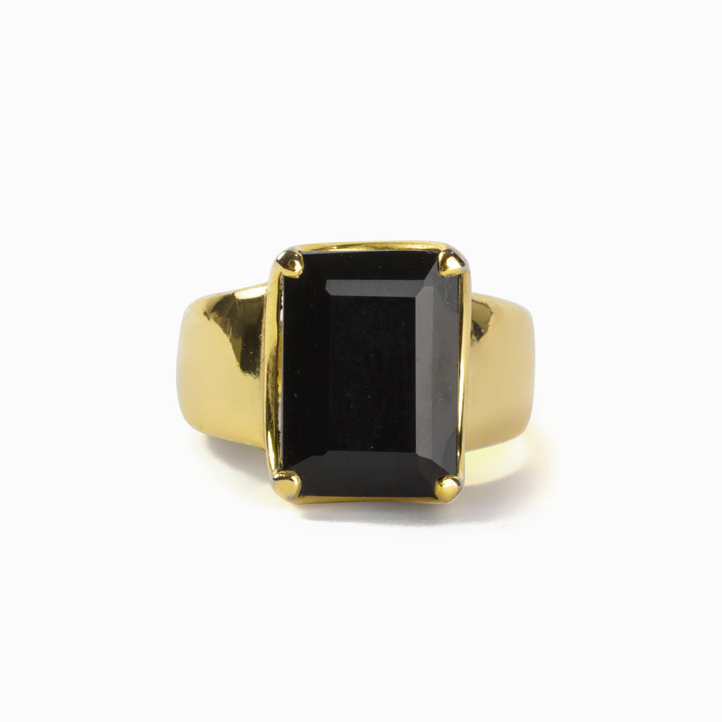 Black Onyx Rectangle Ring With Gold prongs and band made in earth
