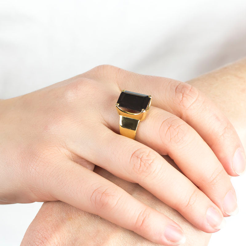 Black Onyx Rectangle Ring With Gold prongs and band made in earth