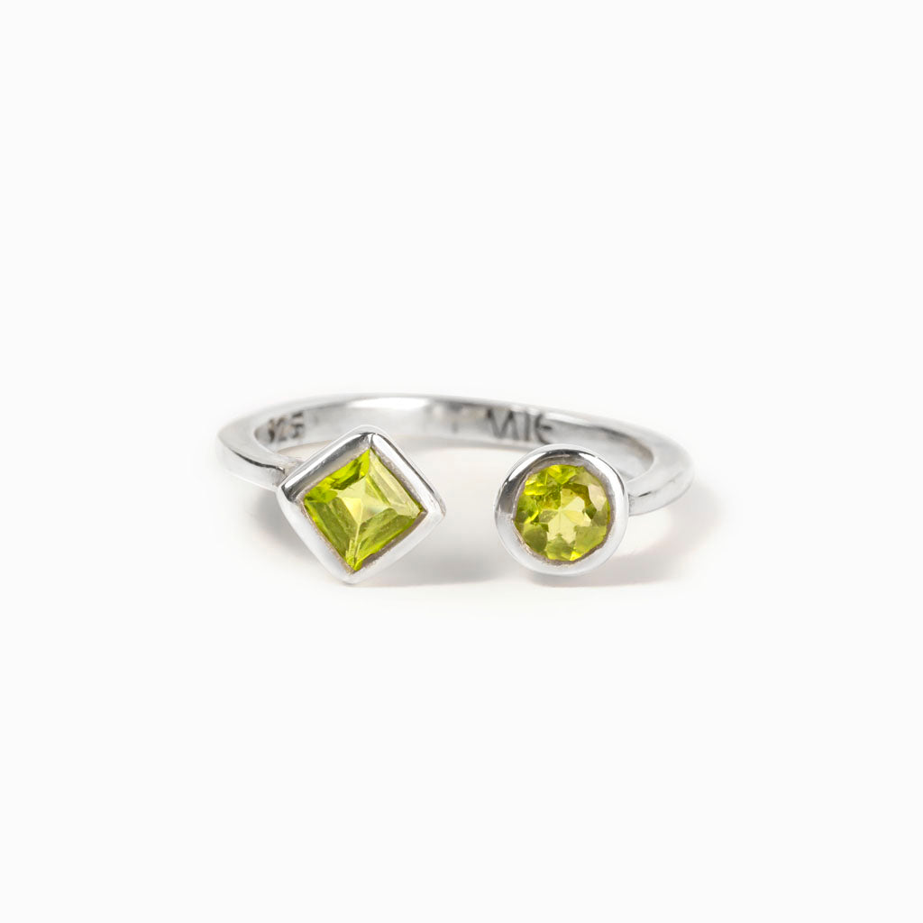 Yellow green square and circle Peridot Ring Made in Earth
