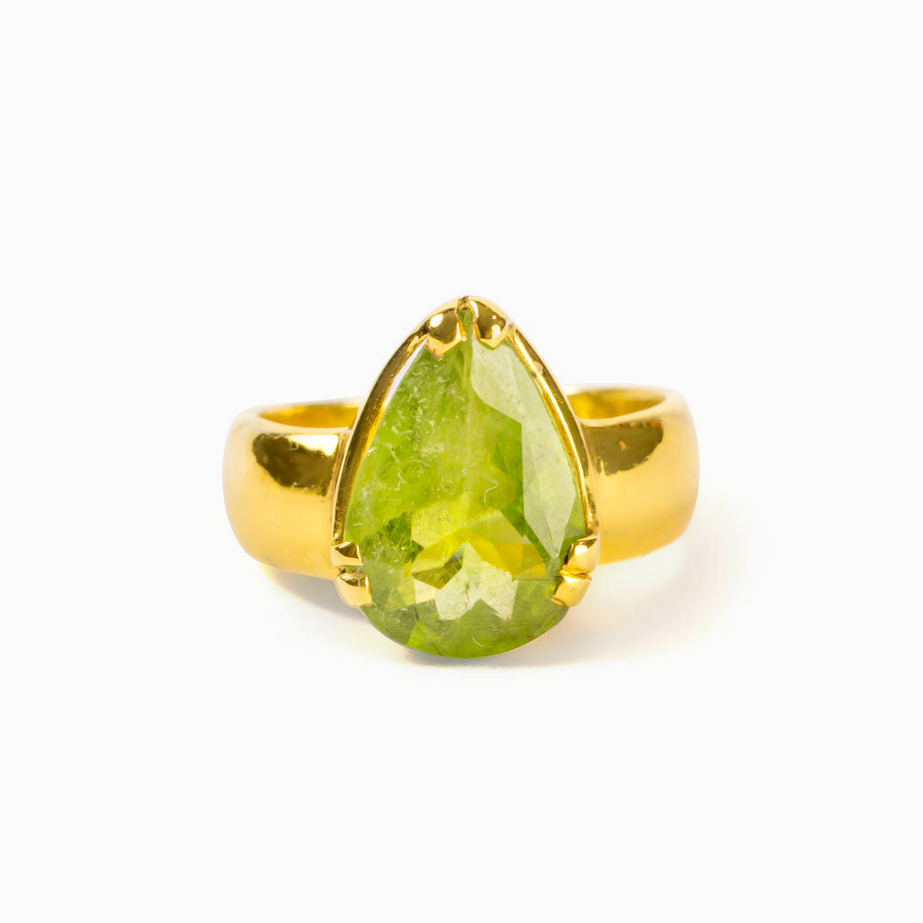 This yellow green Peridot tear drop Ring Made in Earth