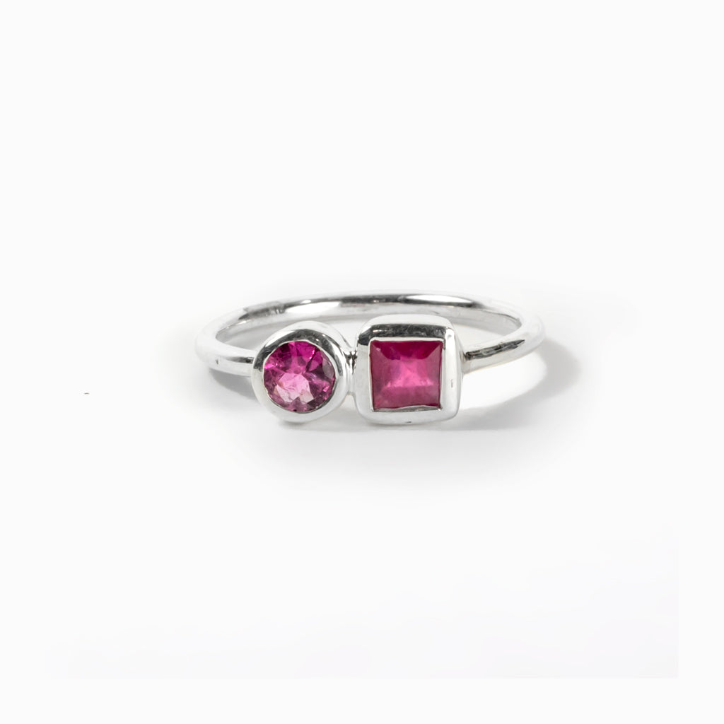 Circle Pink Tourmaline & Square Ruby Ring Made in Earth