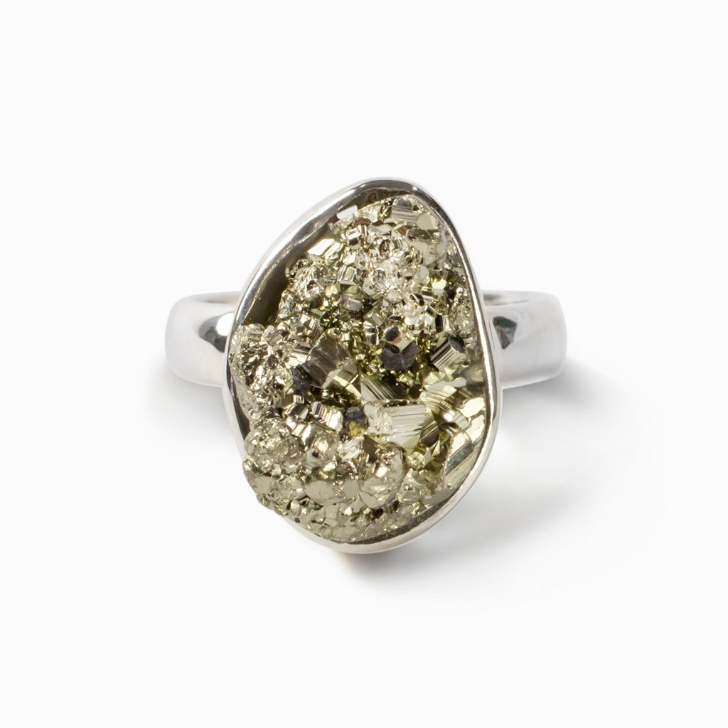Gold Faceted Raw Pyrite Ring Made in Earth