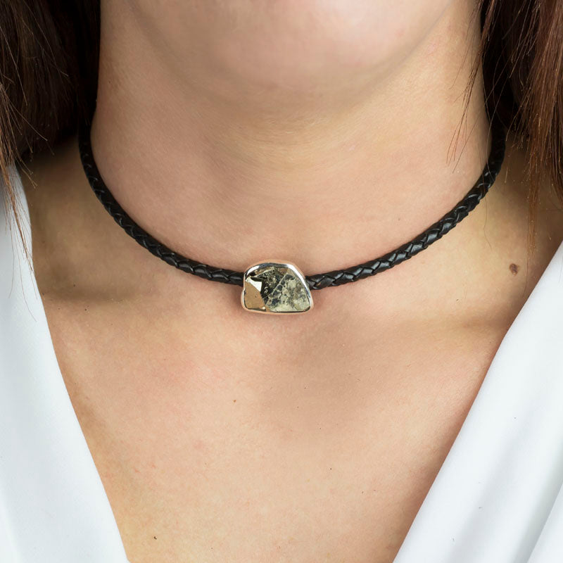 Pyrite Braided Leather Choker Necklace on Model