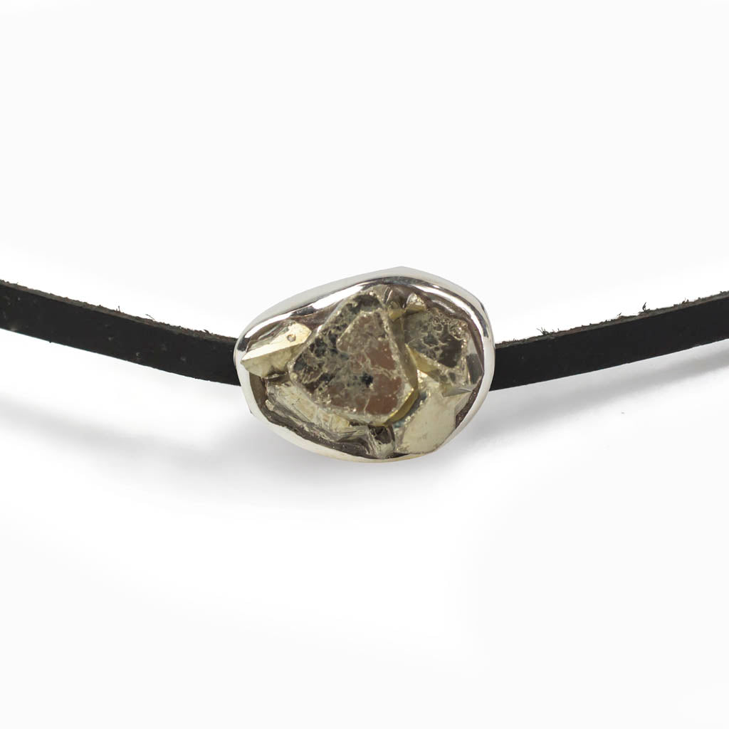Pyrite Flat Leather Choker Necklace