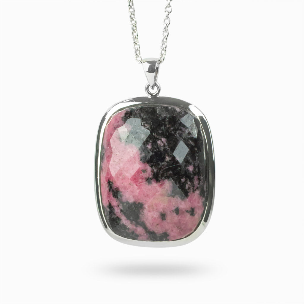 faceted rectangle black and pink Rhodonite Necklace Made In Earth