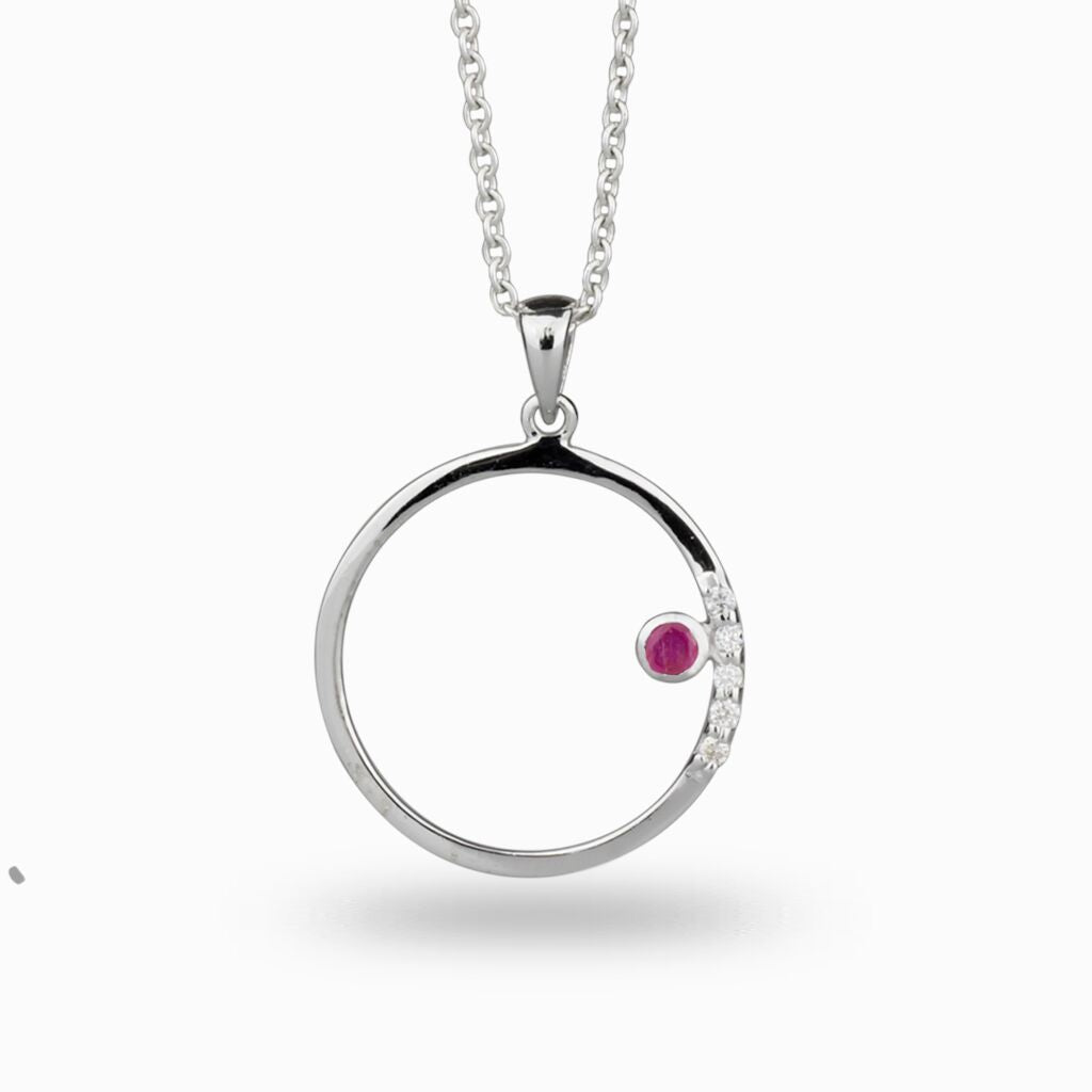 Ruby & Diamond set in silver circle band Ruby and Diamond Necklace