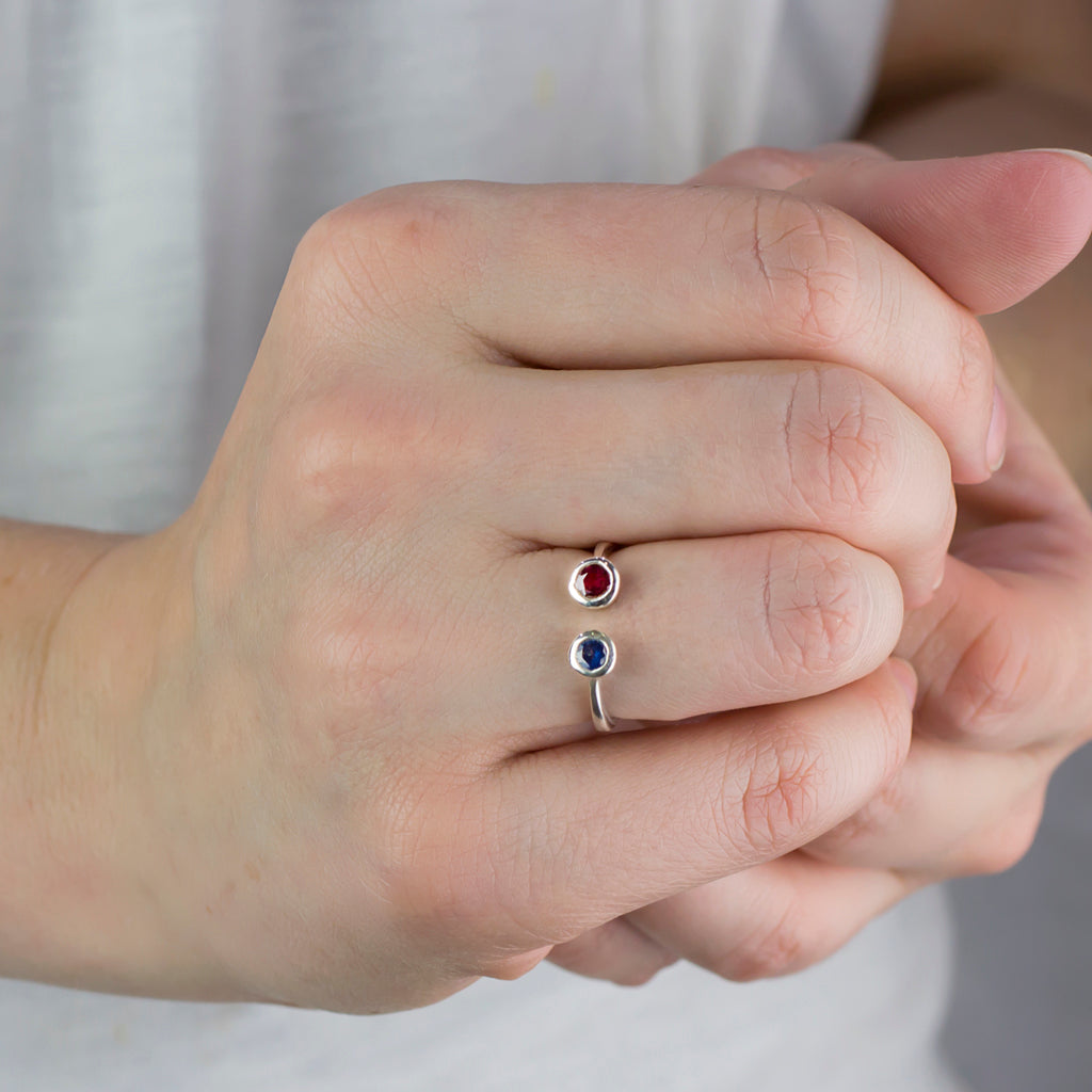 Model Wearing Ruby and Sapphire Ring