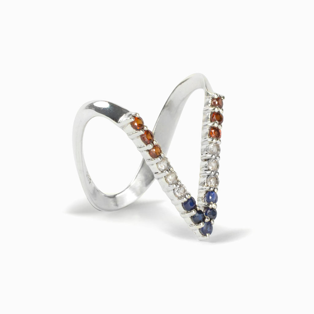 Garnet, White Topaz, and Sapphire Ring