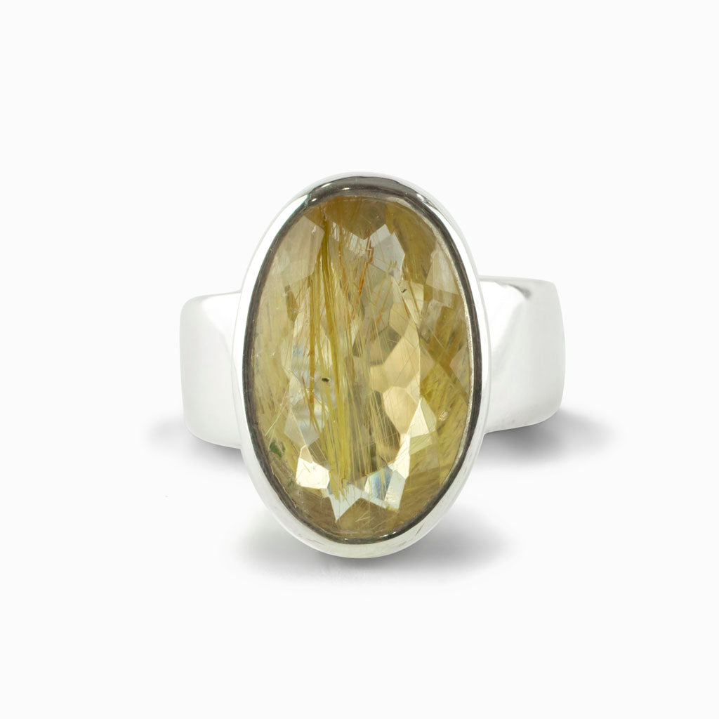 Dark Yellow Rutilated Quartz Thick Band oval Ring Made in Earth
