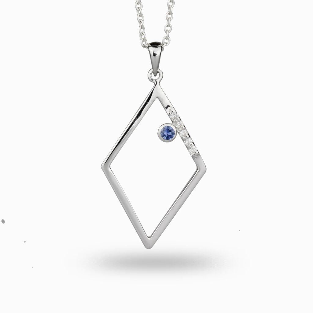 Blue Sapphire inside a rhombus accented with diamonds Sapphire Diamond Necklace