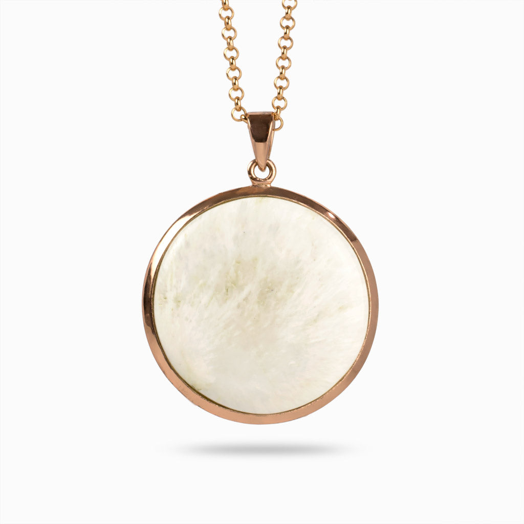 cab round white Scolecite Necklace set in 14k rose gold