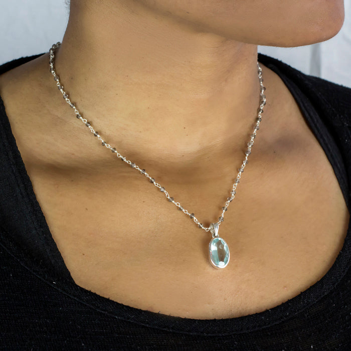 Smokey Quartz beaded chain necklace with pendant on model