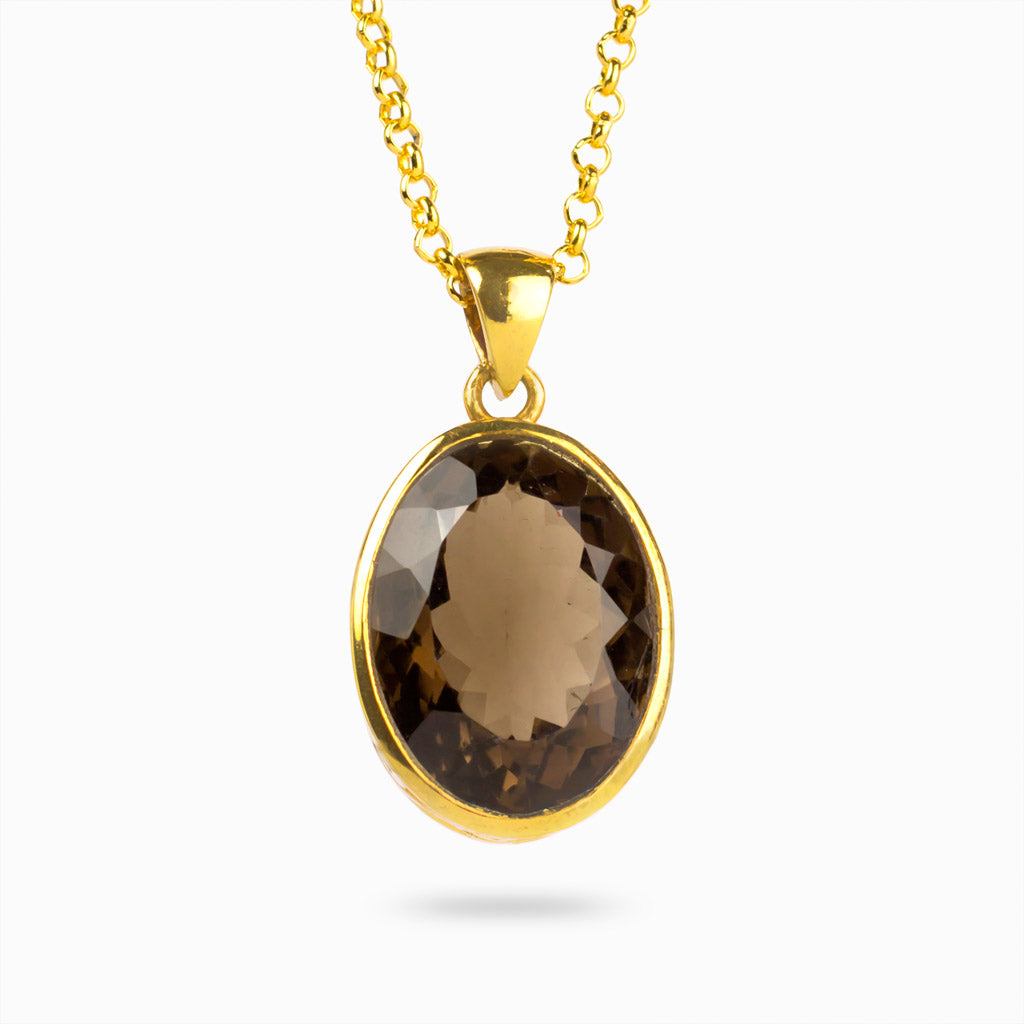 Faceted Oval brown 14k yellow gold vermeil Smokey Quartz necklace