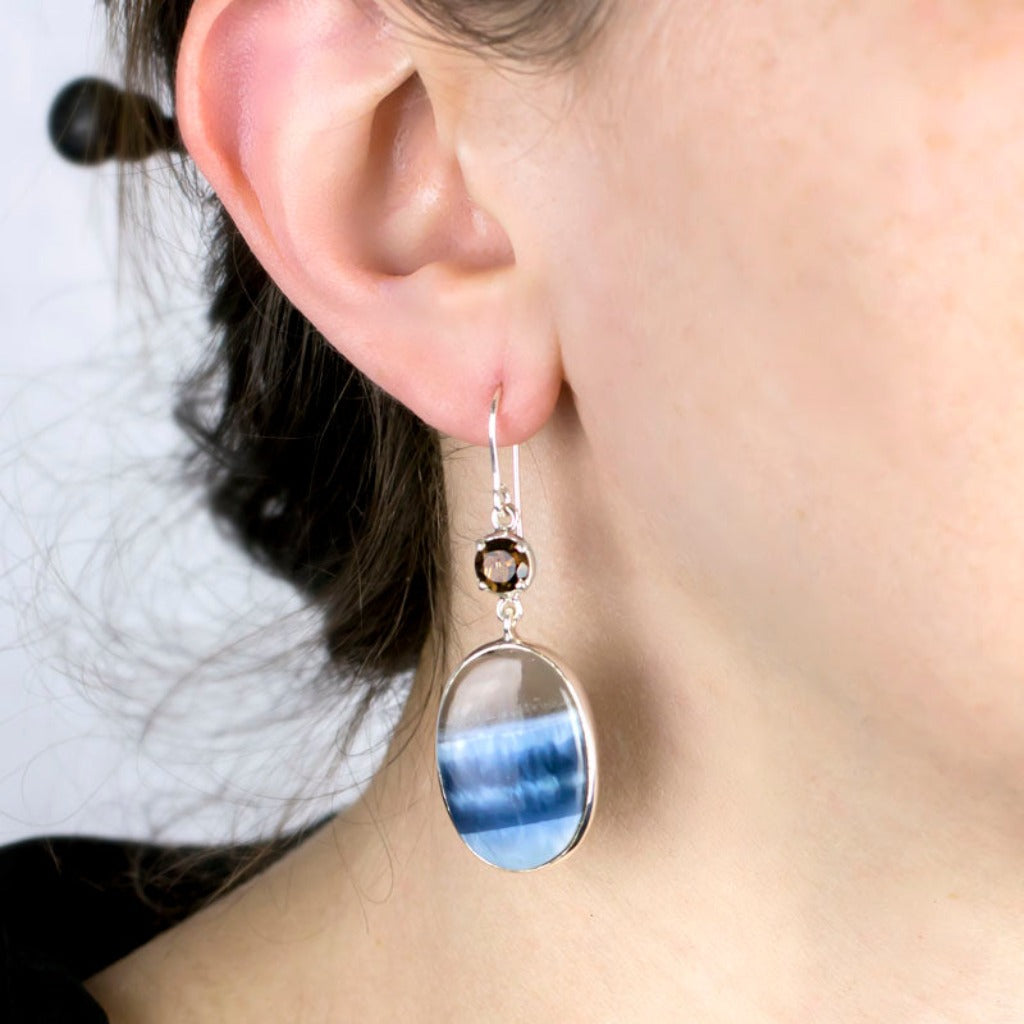Smokey Quartz & Blue Opal Drop Earrings on Model