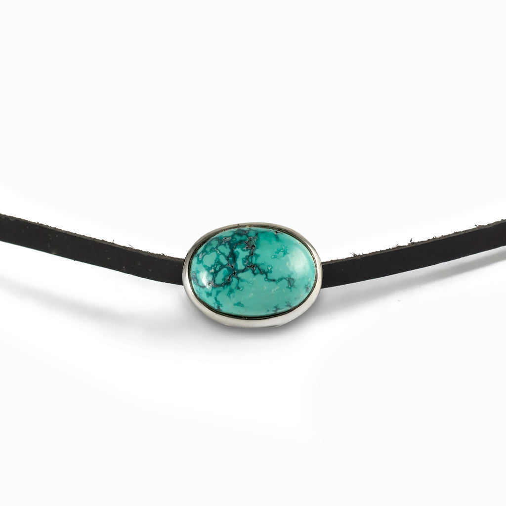 Tibetan Turquoise Flat Leather Choker Necklace 