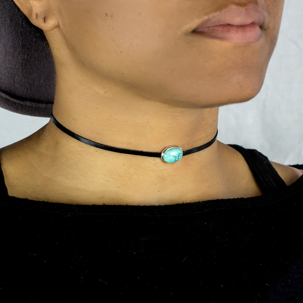 Tibetan Turquoise Flat Leather Choker Necklace on Model