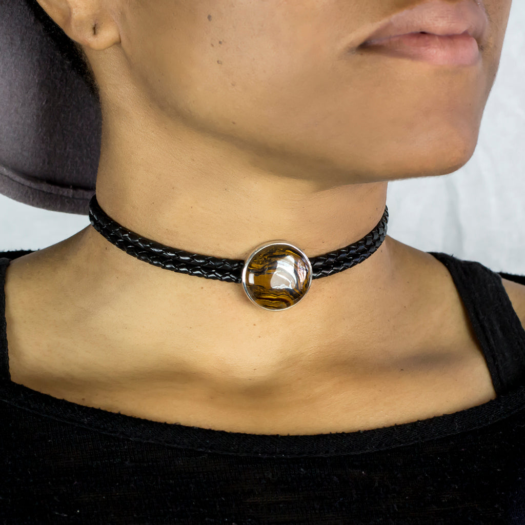 Tiger Iron Braided Leather Choker Necklace On Model