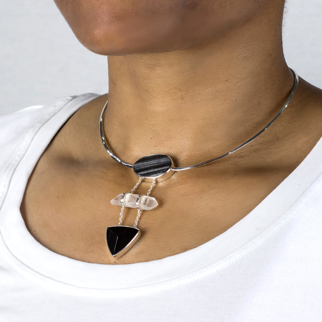 Black Tourmaline and Laser Quartz Necklace on model