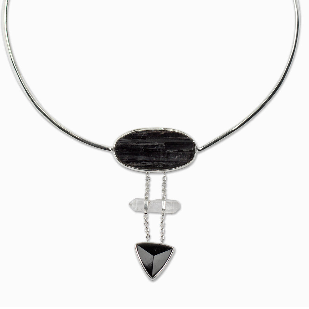 Oval Black Tourmaline and Clear Laser Quartz hanging Necklace Made in Earth