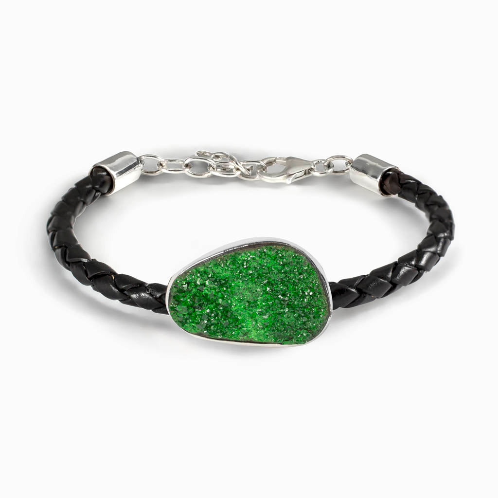 Natural organic raw druzy green Uvarovite Braided Leather Bracelet Made In earth